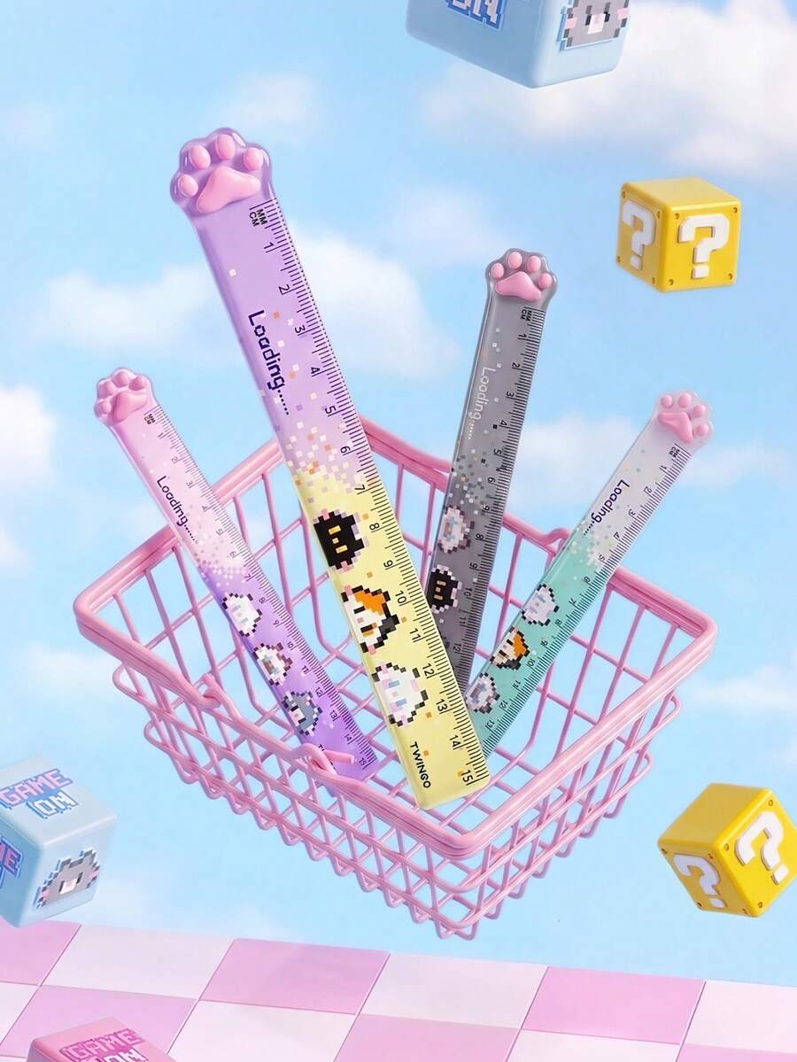 1pc/4pcs Pixel Style Cat Paw Straight Ruler, Cute Cartoon Colorful Measuring & Drawing Ruler, Great For Drawing Straight Lines, Daily Use, Small Gift - Multicolor - View 1