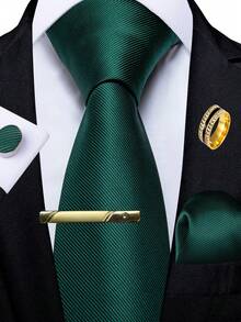 5Pcs Men Simple Green Tie Pocket Square Cufflinks Tie Clip Ring Set, Cufflinks Pattern Random For Wedding - Green - View 1