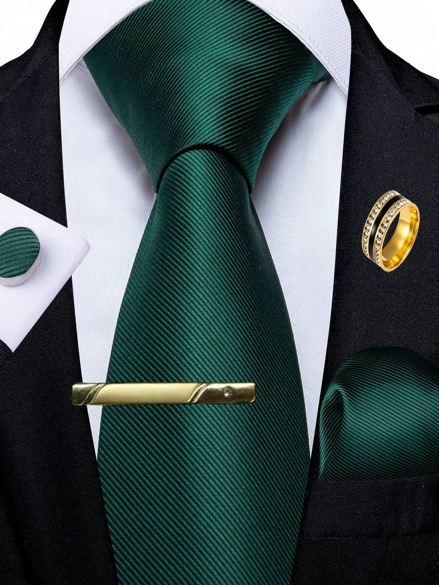 5Pcs Men Simple Green Tie Pocket Square Cufflinks Tie Clip Ring Set, Cufflinks Pattern Random For Wedding - Green - View 1