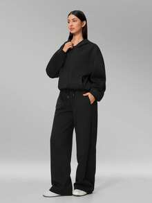 MFVIM Women's Autumn/Winter New Long Sweatshirt + Long Sweatpants 2pcs Sports Casual Versatile Set - Premium Black - View 8