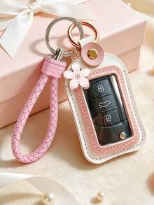 PU Material Keychain Set, Handheld Key Pouch With Cherry Blossom Charm, Car Key Protector, Key Cover, Leather Car Key Case, Key Chain Pendant, Effectively Prevents Scratches, Wear And Impact, Universal PU Car Key Cover, Remote Key Protector, Suitable For Multiple Car Key Covers - Multicolor - View 6