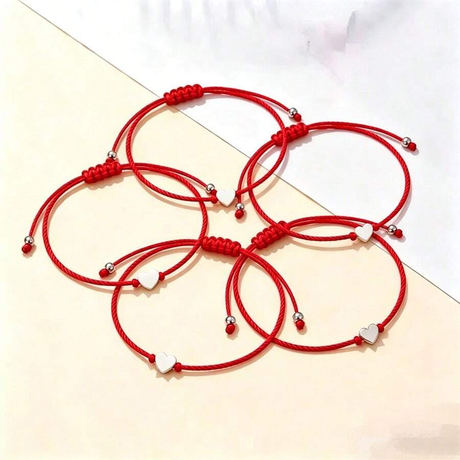 2/5 piezas Pulsera de hilo rojo con corazón, simple, trenzada de colores arcoíris, elástica, para parejas y mejores amigos, temporada de graduación, cuerda para la mano - Multicolor - Ver 1