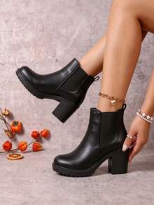 European & American Minimalist Fashion Autumn/Winter New Western Style High Heel Ankle Boots With Metal Rhinestone Buckle Decor, Chunky Heel Thick Sole Boots Single Boot - Black - View 3