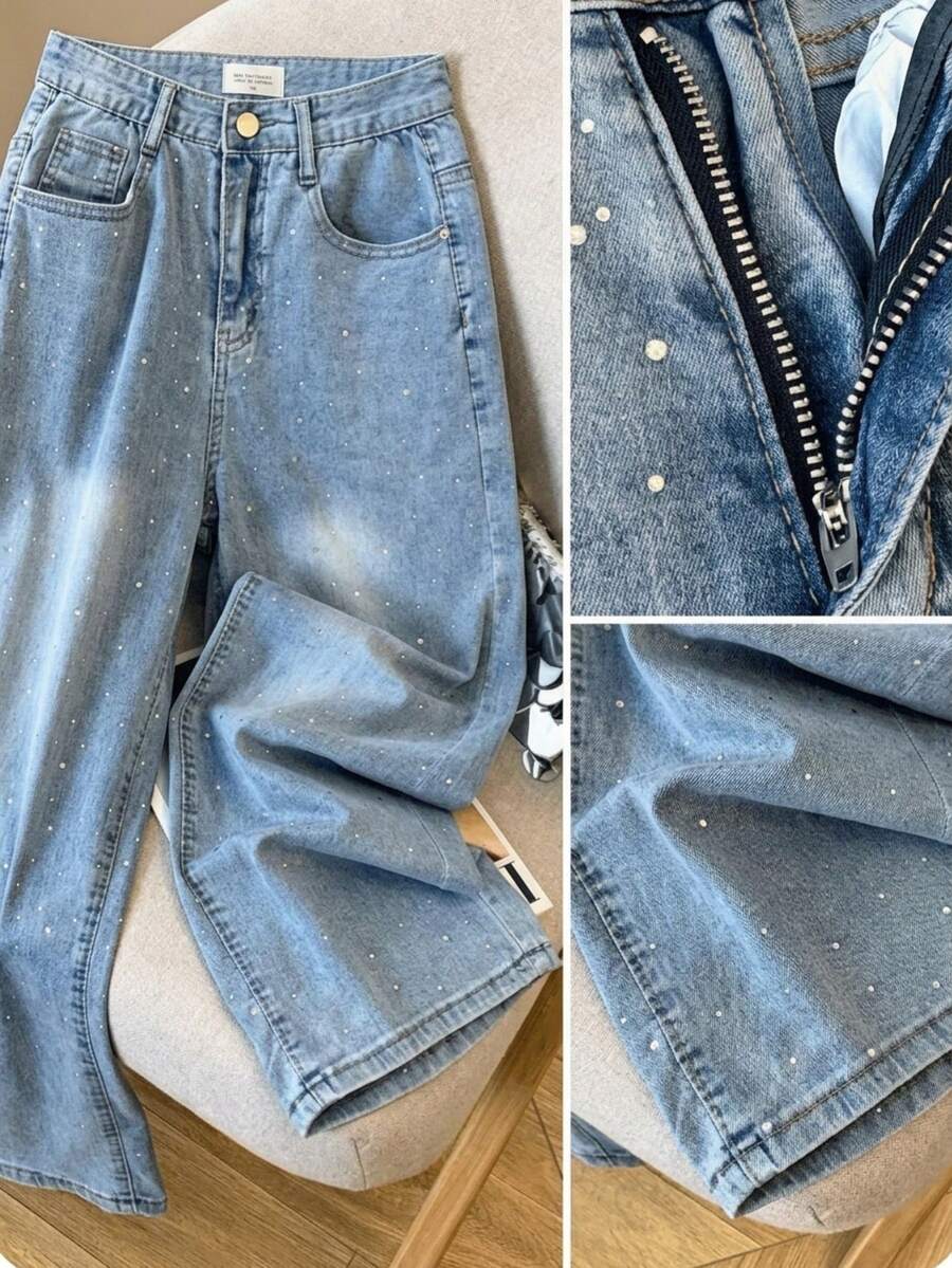 DG XUNLIN MODA Pantalones de mezclilla de mujer jeans de mujer Pantalones Vaqueros Rectos de Cintura Alta para Mujer, Lavado Azul Claro con Pedrería Brillante, Corte Holgado Disimula Caderas, Estilo Casual - Azul claro lavado - Ver 1
