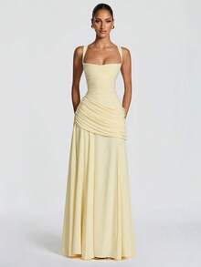 SYchuan Elegant Women's Long Ball Gown Dress, Sleeveless Spaghetti Strap Design, Open Back, Waist Ruching, Knit Fabric Summer Party Yellow - Yellow - View 1