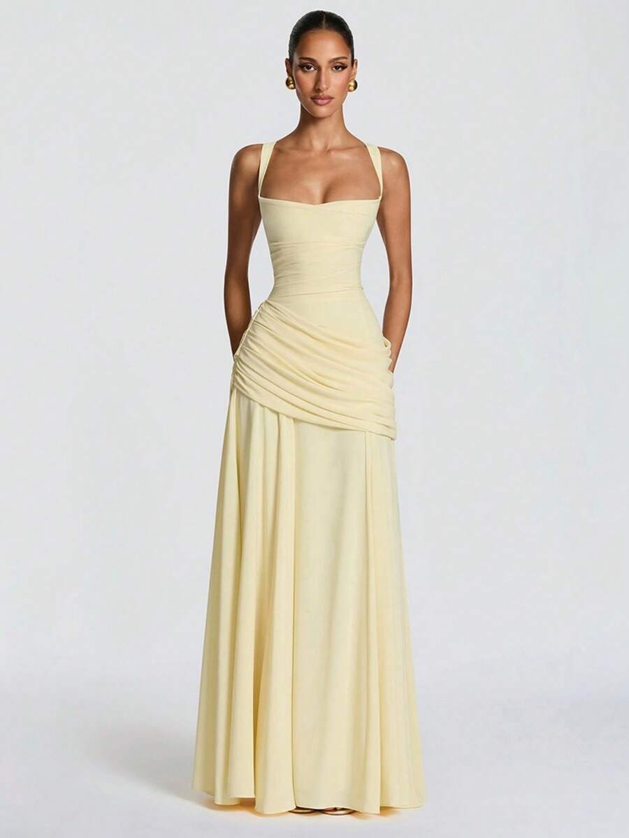 SYchuan Elegant Women's Long Ball Gown Dress, Sleeveless Spaghetti Strap Design, Open Back, Waist Ruching, Knit Fabric Summer Party Yellow - Yellow - View 1