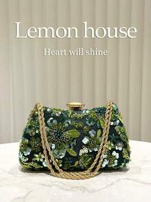 1pc Elegant Glitter Embroidered Beaded Handbag, Metallic Shoulder Chain Clutch Purse, Formal Evening Bag Suitable For Gala, Wedding, Party, Formal Occasions, Women Gift - Dark Green - View 2