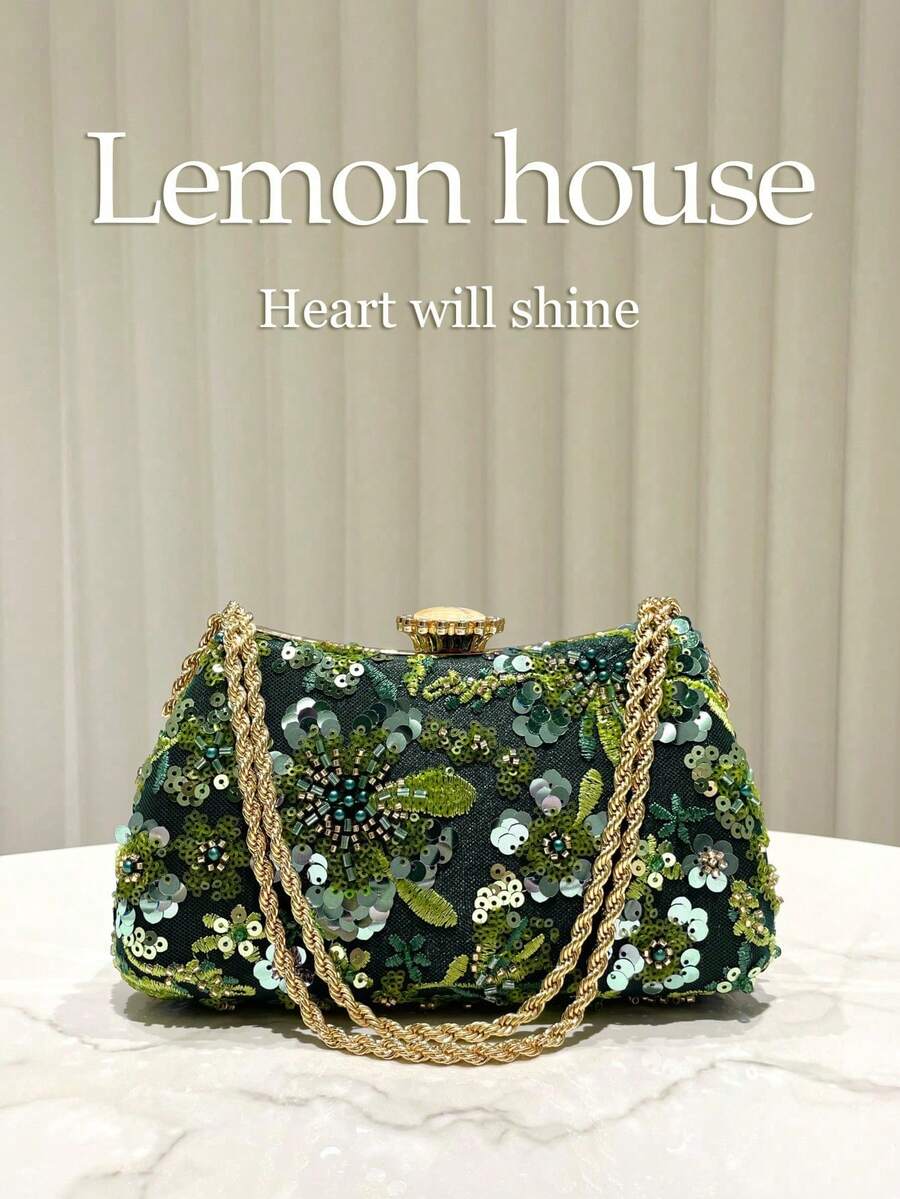 1pc Elegant Glitter Embroidered Beaded Handbag, Metallic Shoulder Chain Clutch Purse, Formal Evening Bag Suitable For Gala, Wedding, Party, Formal Occasions, Women Gift