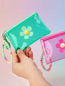 1pc Transparent PVC Colorful Coin Purse With Floral Beaded Chain, Girls Portable Travel Wallet (Floral Beaded Bracelet Color Random) - Multicolor - View 3