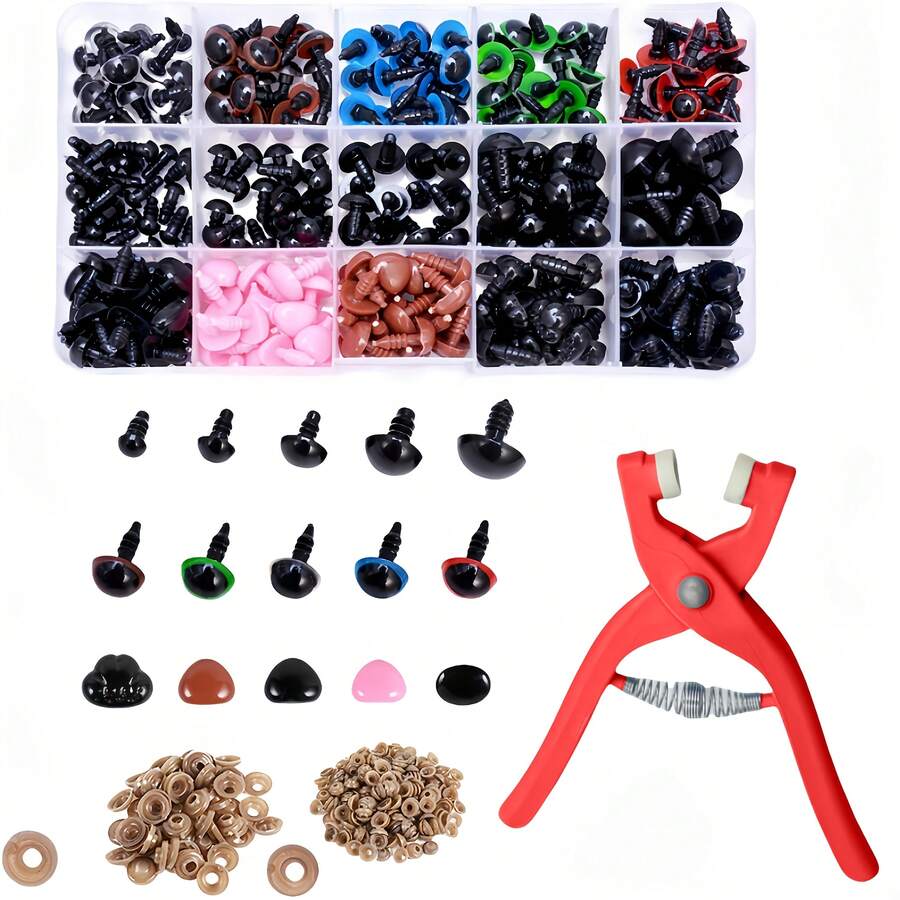 100/560Pcs Plastic Safety Screw Eyes Triangle Noses Kit, Including Mounting Pliers, Locking Washers And Storage Box, DIY Handcraft Supplies For Crochet Stuffed Animals & Dolls - Multiple Styles - View 1