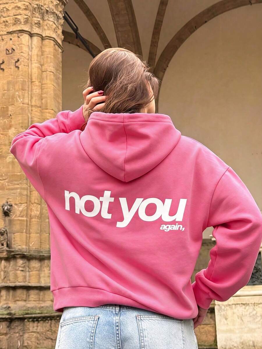 "Not You" Letter Art Slogan Pattern Fall Clothes For Women Back To School Sweatshirt, Long Sleeve Pocket Slight Drop Shoulder Casual Sweatshirt - Pink - View 1