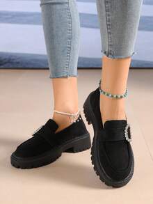 New Women's Rhinestone Decorated Suede Solid Color Retro Loafers Thick Platform Serrated Sole Slip-On Wedge Pumps Fashion Versatile - Black - View 6