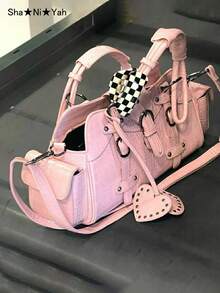 Y2K Vintage Millennium Style Motorcycle Crocodile Embossed Square Rivet Handbag, Large Capacity Casual Multi-Pocket Sweet Cool Motorcycle Bag, Handheld Underarm Crossbody Bag (Free Heart Pendant) - Watermelon Pink - View 1