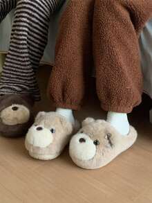 XIXITIAO Cute Big Eye Bear Soft Sole House Shoes, Warm Fuzzy Couple Slippers For Indoor Home Use - Apricot - View 3