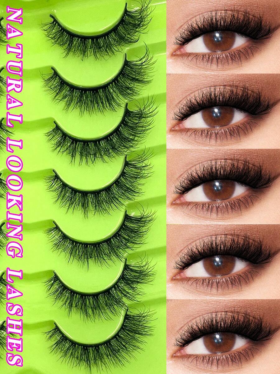 ENCHUW 7 Pairs 3D Fake Eyelashes Natural Lashes Short False Eyelashes Pack Reusable False Lashes Soft Wispy Lashes Fluffy Eye Lashes - Black - View 1