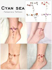 4pcs Temporary Tattoo Sticker, Vine Rose Sunflower Floral Branch Pattern, Realistic Fake Tattoo Design, For Daily Wear, Bachelorette Party Favors, Music Festival, Game, Graduation Gift, Lasts 3‑5 Days - Multicolor - View 1
