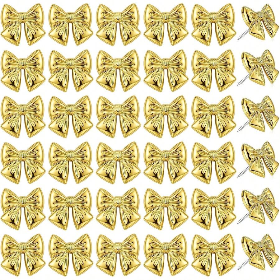 12pcs/24pcs Cute Gold Bow Decorative Push Pins, Suitable For Office - Heart - View 1