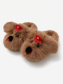Cute Puppy Women Plush Slippers Cartoon Adorable Indoor Outdoor Thick Sole Closed Toe Slippers Autumn Winter - Brown - View 1
