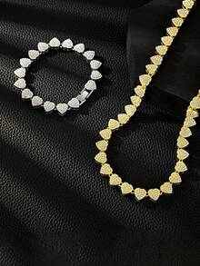 10mm Heart-Shaped Chain Necklace & Bracelet, Elegant Hip-Hop Cuban Chain Design With Crystal Heart Pendant, Suitable For Daily Wear - Full Diamond Heart Chain - View 6
