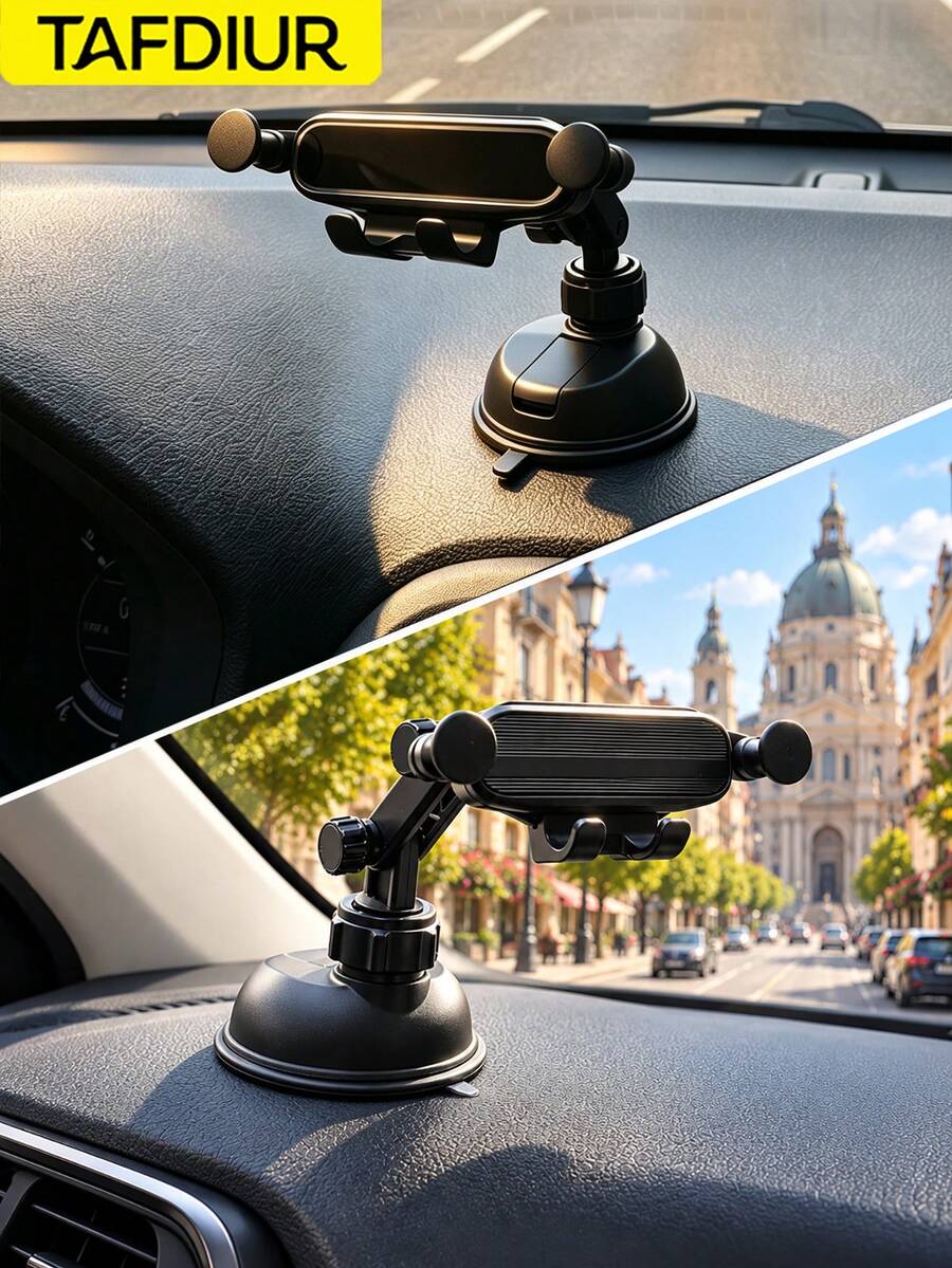 TAFDIUR 1pc ABS Material Black Mirror/Textured Surface Suction Cup Multifunctional Adjustable Angle Gravity Phone Car Mount, Suction Cup Installation, Stable And Shake-Free, Easy To Install, Suitable For Most Car Models, Applicable For Driver Navigation/Music/Phone Calls And Other Scenarios - A86 - View 1