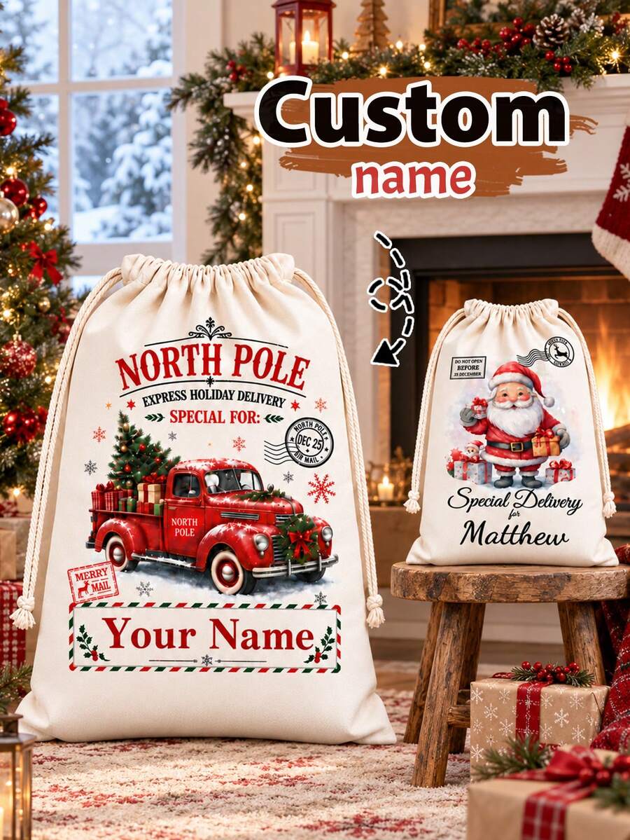 Custom Christmas Drawstring Gift Bag, Personalized Santa Holiday Storage Pouch, Customized North Pole Party Decor Sack, Customizable Name Xmas Present Holder, Christmas Tree Decoration, Winter Holiday Gift Packaging, Family Celebration Supplies - Style D - View 1