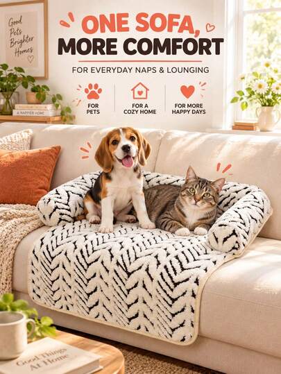 1pc Plush Pet Sofa Bed, Black & White Geometric Pattern Dog Bed & Cat Bed With Raised Bolsters, Non-Slip Bottom Furniture Protector, Cat Stuff, Dog Accessories, Cat Accessories, Dog Blanket, Cat Blanket, Cat Furniture, Puppy Keep