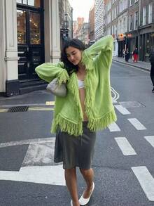 Y2K Textured Top With Lace Patchwork And Fringe Details, Long Sleeve Asymmetrical Hem T-Shirt For Casual Everyday Outfits Fall And Winter - Neon Green - View 1