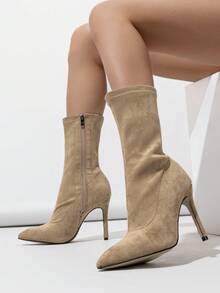 Women's Faux Suede Pointed Toe Stiletto Heel Elastic Mid-Calf Sock Boots, Side Zipper, Leg-Hugging Design For A Flattering Silhouette, Versatile And Stylish For Both Work And Parties. - Khaki - View 1