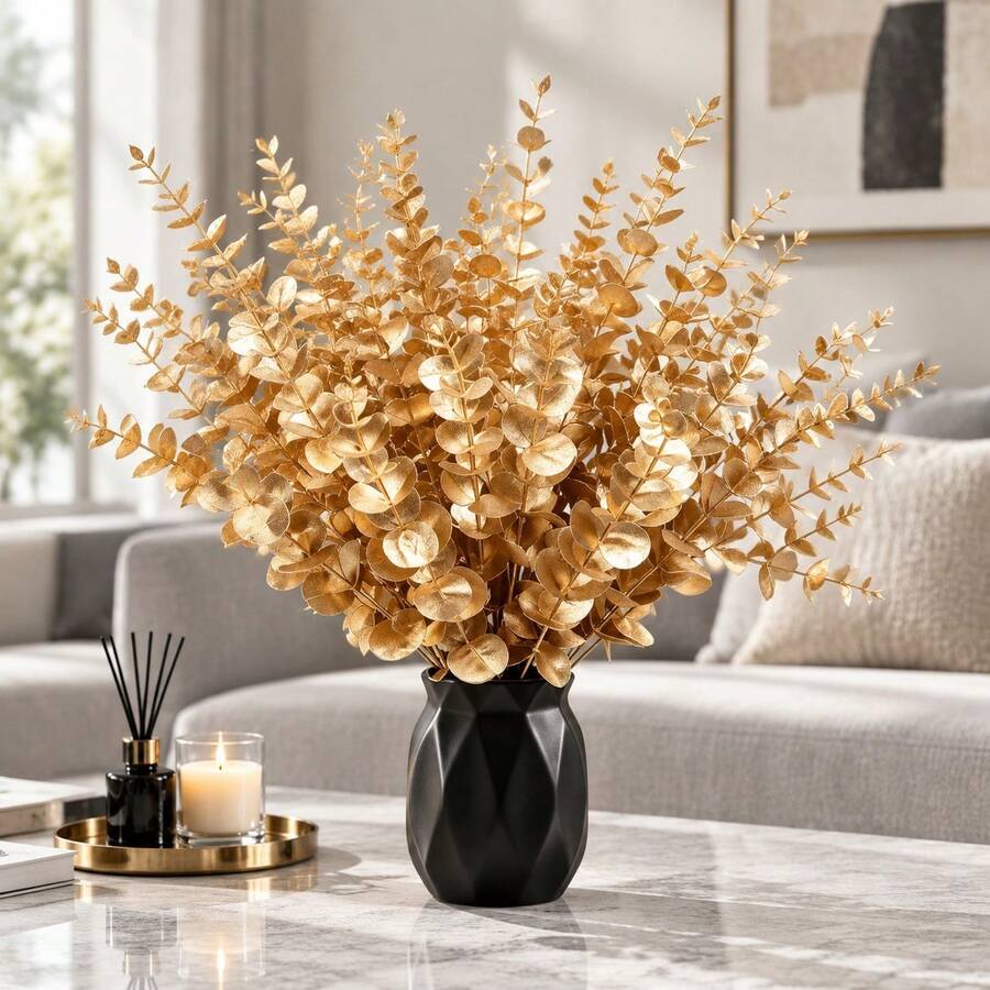 Gold Eucalyptus Artificial Flowers - Realistic Artificial Eucalyptus Leaves Perfect For Christmas, Wedding, Valentine's Day Decor And Home Decor (Pot Not Included) - Gold - View 1