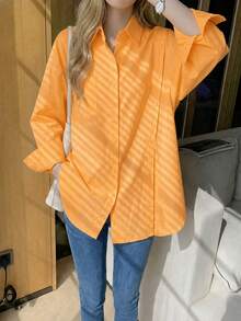 Solid Color Front Button Pocket Shirt, Long Sleeve Blouse For Women, Suitable For Spring, Summer, Autumn - Orange - View 2