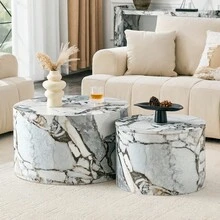 2 Round Coffee Tables With Storage Space, Nesting Table Design With Wood Look, Made Of MDF, Approximately 62.8/44 In Diameter, Living Room Side Table With Lid And Hollow Space. - White + MDF - View 4