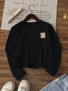 1pc Girls Rainbow Glitter Dim Sum Bamboo Steamer Print Long Sleeve T-Shirt, Black Base Sweet American Style Loose Fit Undershirt For Spring And Autumn - Black - View 4