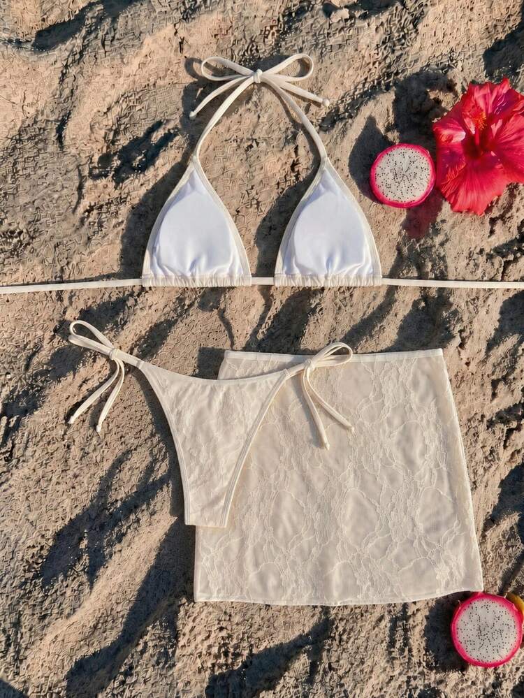 SwimNova Bikini 3 Potong Seksi Bergaris Model Halter untuk Musim Semi/Panas, Cocok untuk Pantai Musim Panas dan Liburan Santai - Aprikot - View 3