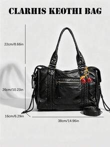 Vintage Distressed Motorcycle Style Tote Bag, Woven Texture With Rivet Details, Fun Cherry Charm Accent, Multi-Zipper Compartment Design, Comes With Replaceable Long Shoulder Strap, Large Capacity Body, Suitable For Daily Outings, Creating American Vintage Atmosphere Outfit - Black - View 2