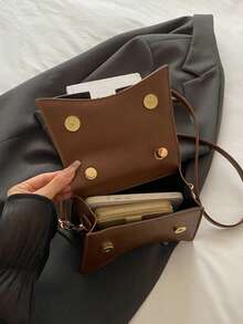 Solid Color Pleated Edge Handbag, Flap Crossbody Bag For Women, Retro Floral Print Tote,Business Professional Women - Coffee - View 10