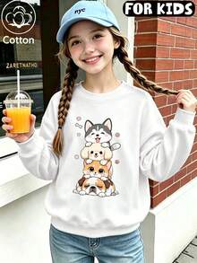Kids Crew Neck Sweatshirt, Stacked Puppies Kitten Cartoon Printed Cotton Top, Soft Breathable Casual Pullover - White - View 3