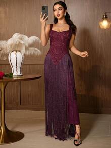 Elegant Women's Burgundy Sleeveless Tassel Decor Dress, Perfect For Balls And Formal Events, Soft And Suitable For Banquets And Galas - Dark Purple - View 7