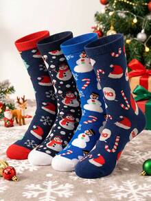 1/2/4/8 pares de calcetines navideños, con patrones de gorro de Papá Noel, muñeco de nieve y bastón de caramelo, unisex, regalo creativo para fiesta de Navidad, calcetines casuales suaves y cálidos para otoño/invierno - Multicolor - Ver 2