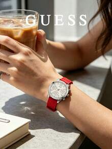 Đồng hồ nữ GUESS Quartz Chronograph W1025L2, vỏ tròn bạc đánh bóng, dây silicone đục lỗ màu đỏ, thiết kế 3 mặt số phụ - Đỏ - Xem 4
