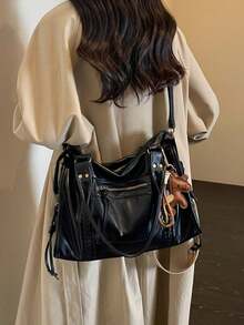 Tote Bag With Side Woven Texture And Star Pony Charm, Multi-Pocket Large Capacity, Hand-Carry And Crossbody, Zipper Closure, Vintage Distressed Motorcycle Style Boston Bag, Soft Leather Material, Practical For Daily Commute And Short Trips, Suitable For Young Women Who Prefer Vintage Cool Style - Black - View 3