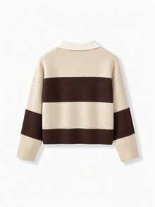 Spring/Autumn Multi-Color Contrast Collar Long Sleeve Half-Button Cardigan Sweater - Light Apricot and Brown - View 7
