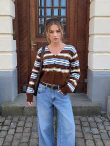 NOVELLE Women Retro Striped V Neck Cropped Knit Cardigan, Elegant Fall Winter Long Sleeve Sweater For Date Party Daily Commute Office Back To School - Multicolor - View 4