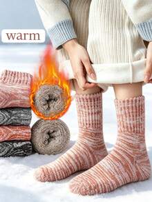 1/3/5 Pairs Women Super Thick Thermal Crew Socks, Retro Marled Striped Terry Lined Winter Socks, Cold Resistant Warm Knit Mid Calf Socks For Snow Days - Multicolor - View 1