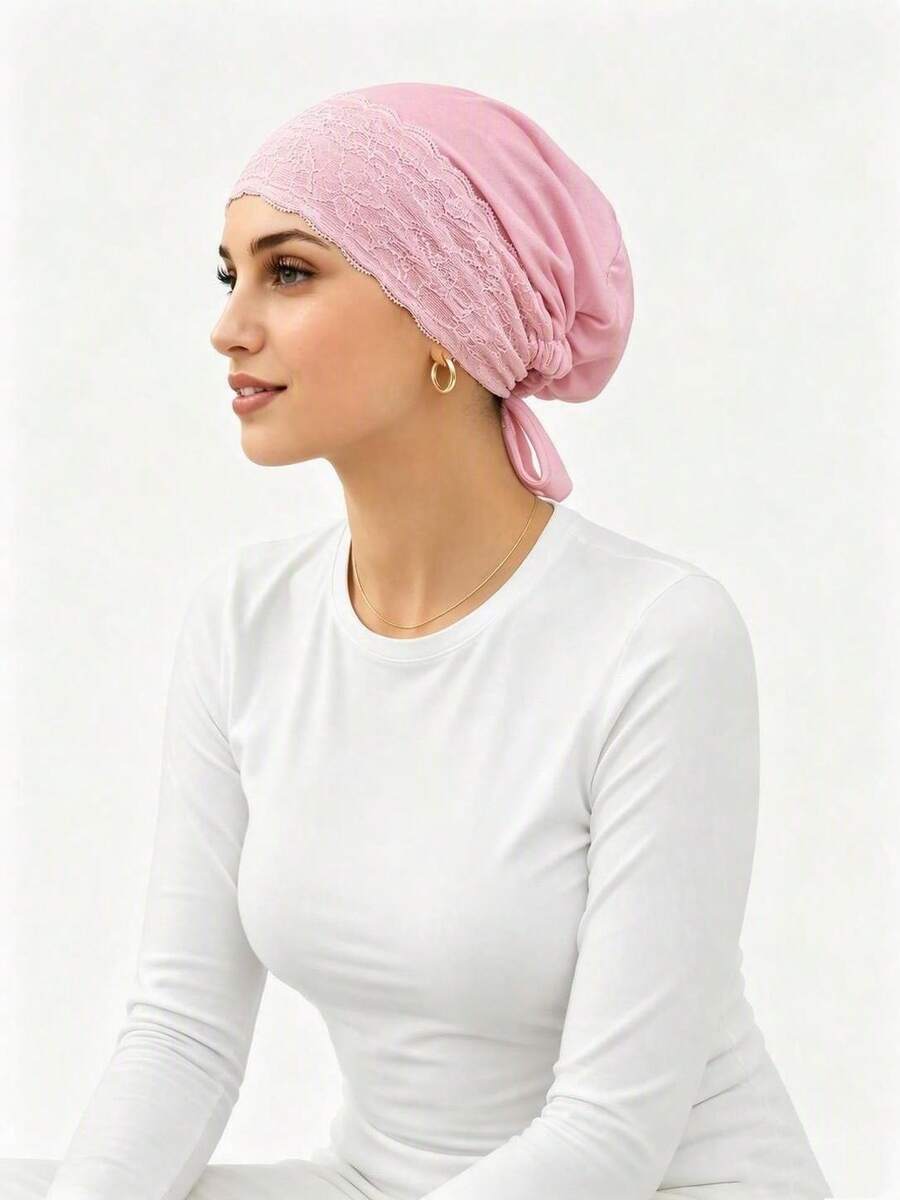 1pc Women's Lace Trim Adjustable Tie Inner Cap, Soft Modal Elastic Headscarf Inner Cap, Breathable Sleep Cap Chemotherapy Head Wrap, Multiple Colors Available - Multicolor - View 1