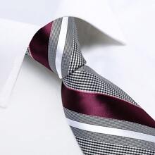 Business Commute Men's Tie 4-Piece Set Burgundy Base White Houndstooth Stripe Pocket Square Cufflinks Silver Tie Clip Formal Outfit Matching - Redwood - View 3