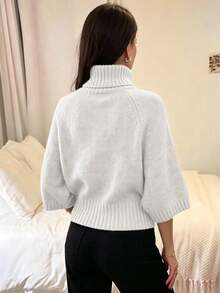 Women's Casual Autumn/Winter Solid White High Neck Batwing Sleeve Knit Top, Waist-Cinched Textured Design, Everyday Commute Office Pullover - White - View 2