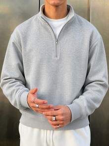 男士立領半拉鍊休閒百搭純色通勤秋冬旅行長袖運動衫 - 灰色 - 查看 1