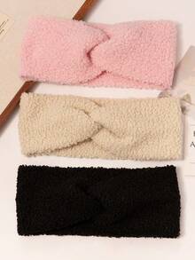 3-Piece Oversized Autumn/Winter Teddy Bear Fleece Solid Color Cross Headband Face Tie Women's Casual Versatile Headband - Multicolor - View 3