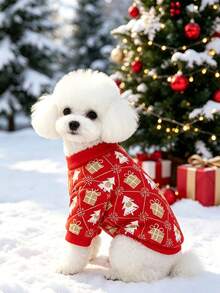 1pc Christmas Dog Clothes With Leash Hook, Xmas Tree Gift Print Puppy Sweatshirt, Soft Festive Pet Holiday Outfit, Winter Dog Coat For Small Medium Dogs. - Red - View 2