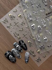 1pc Fall Autumn Embossed Skull Cross Rabbit Ear Halloween Demon Pattern Nail Stickers, Gold & Silver Colors For Autumn/Winter Vibes, Y2K Nail Salon Style Nail Art Accessories, Fingernail DIY Decoration - Multicolor - View 3